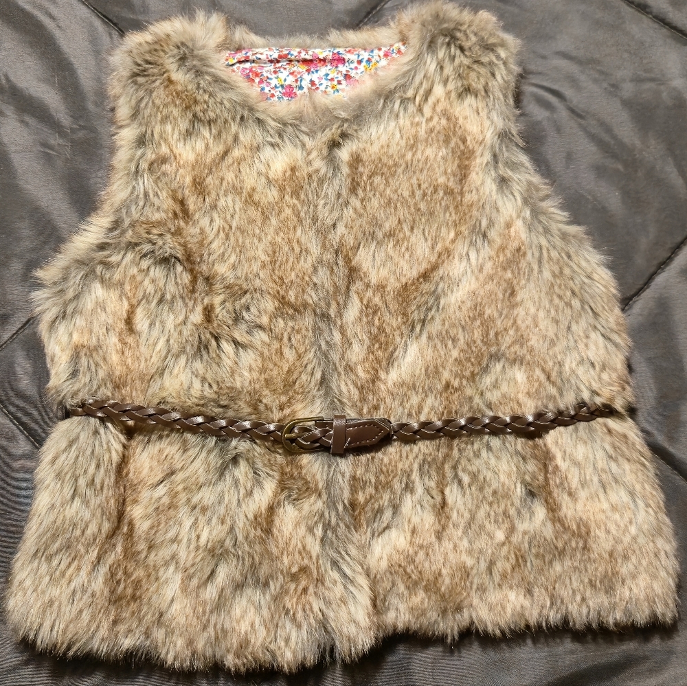 Girls Brown Faux Fur Vest with Braided Faux Leather Belt (6)
